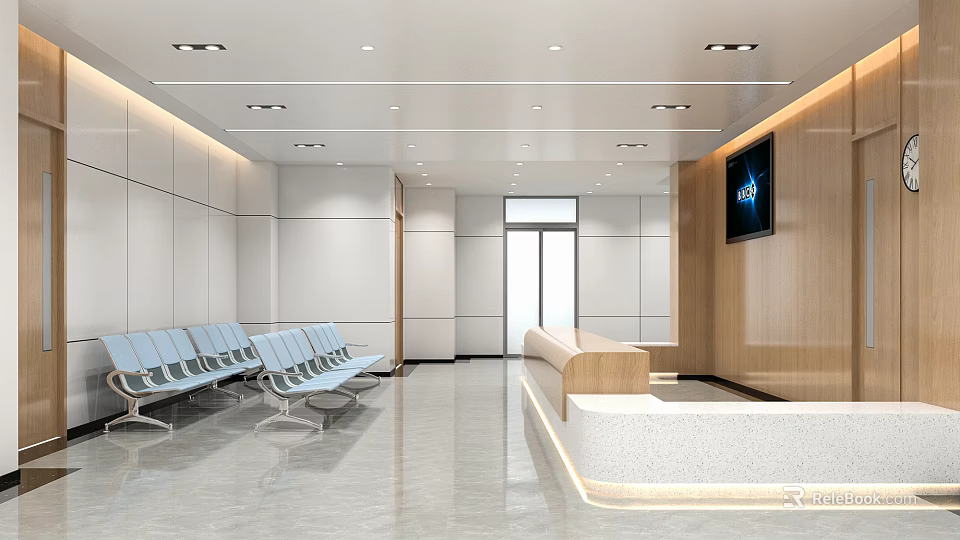 Modern Waiting Area with Blue Chairs White Walls Wooden Accents Reception Desk and TV Screen 3d model 
