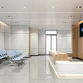Modern Waiting Area with Blue Chairs White Walls Wooden Accents Reception Desk and TV Screen