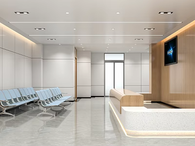 Modern Waiting Area with Blue Chairs White Walls Wooden Accents Reception Desk and TV Screen 3d model