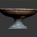 Stone Basin With Unique Textured Surface On Square Fluted Pedestal Base And Ornate Center Detail