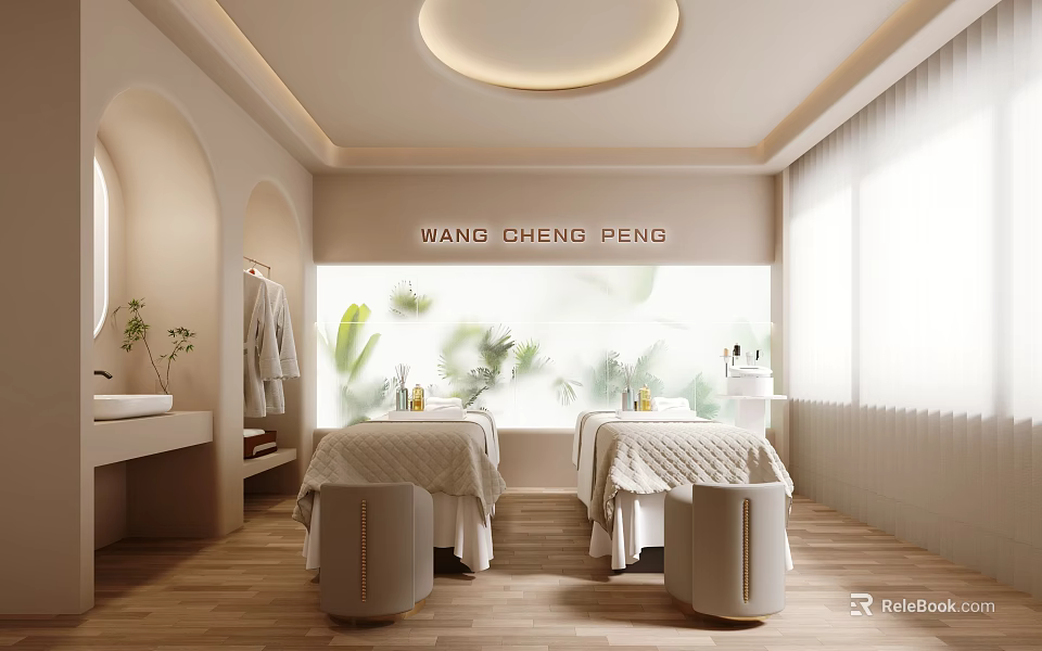 Elegant Beauty and Hairdressing Salon Interior With Treatment Beds Green Plant Wall And Natural Light 3d model 