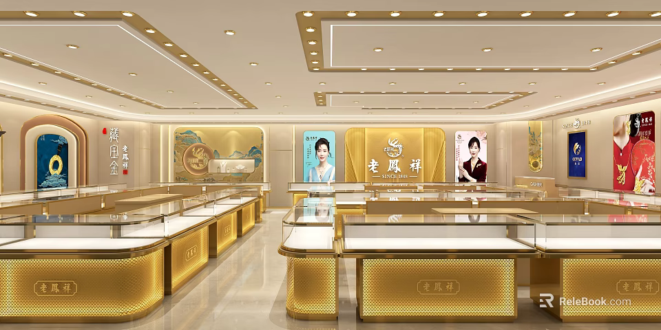 Luxurious Jewelry Store Interior With Golden Display Cases And Brand Posters 3d model 