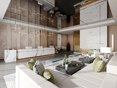 Hotel Lobby Interior Design With White Sofas Green Cushions And Marble Walls 3d model