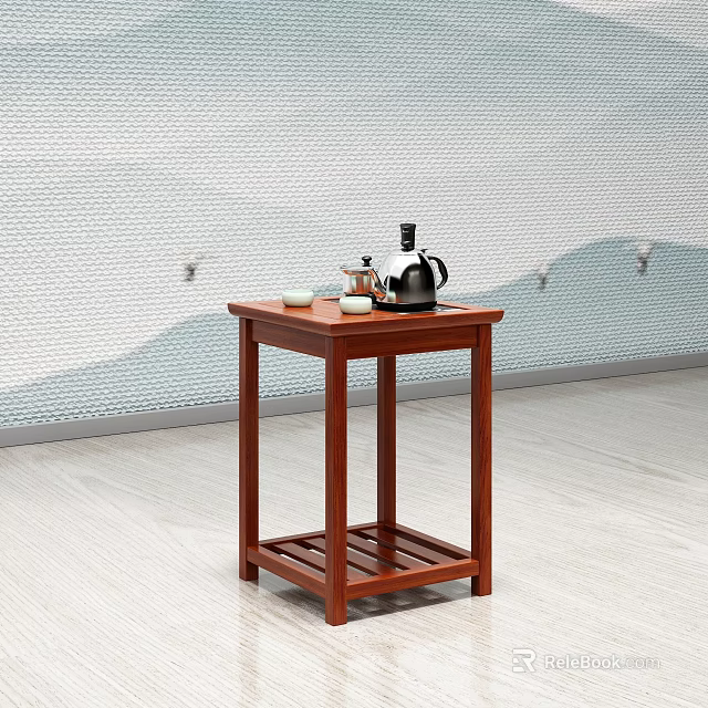 Warm Tea Room Interior Featuring Wooden Table Tea Set Mountain Pattern Wall Light Wood Floor 3d model