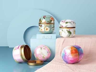Decorative Ornament Set with Floral Porcelain Jars and Colorful Pink Lidded Designs 3d model