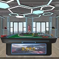 Modern Billiard Table Setup In Stylish Interior With Hexagonal LED Lighting And City View Windows 3d model