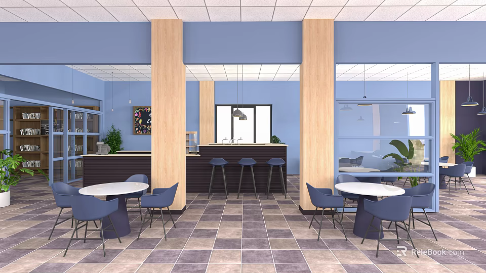 Modern Tea Room Interior With Blue Walls Wooden Pillars Round White Tables And Blue Chairs 3d model 