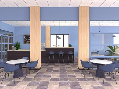 Modern Tea Room Interior With Blue Walls Wooden Pillars Round White Tables And Blue Chairs 3d model