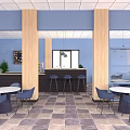 Modern Tea Room Interior With Blue Walls Wooden Pillars Round White Tables And Blue Chairs