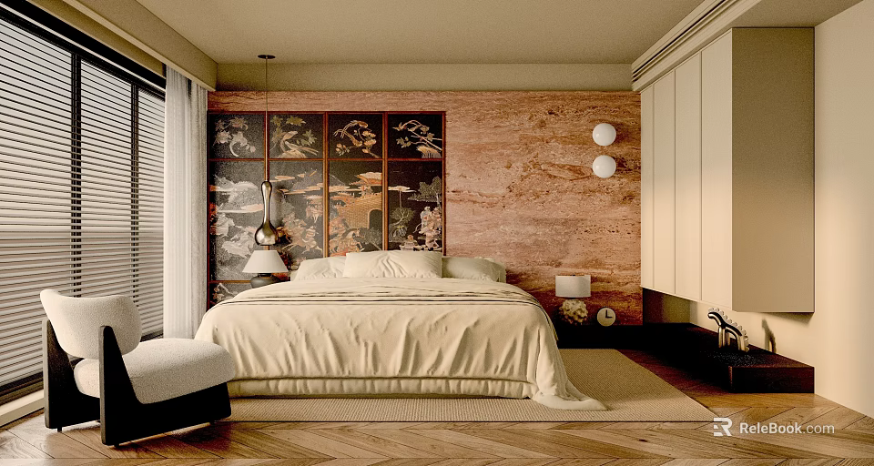Modern Bedroom With Large White Bed Wooden Accent Wall Table Lamps And Herringbone Floor 3d model 