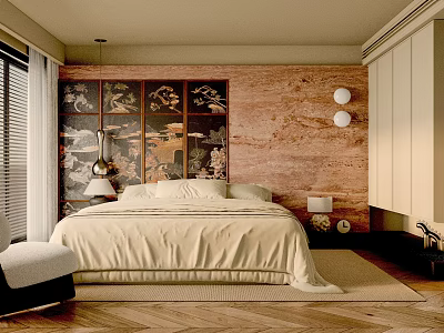 Modern Bedroom With Large White Bed Wooden Accent Wall Table Lamps And Herringbone Floor 3d model