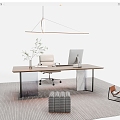 Modern Desk and Chair Combination Finished Desk Office Chair Chandelier Desktop Computer Carpet Green Plant 3d model