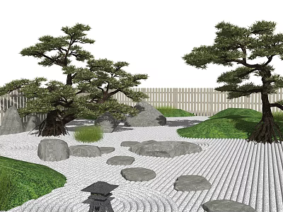 Zen Japanese Garden Design With Raked Sand Stones Pine Trees And Wooden Fence 3d model