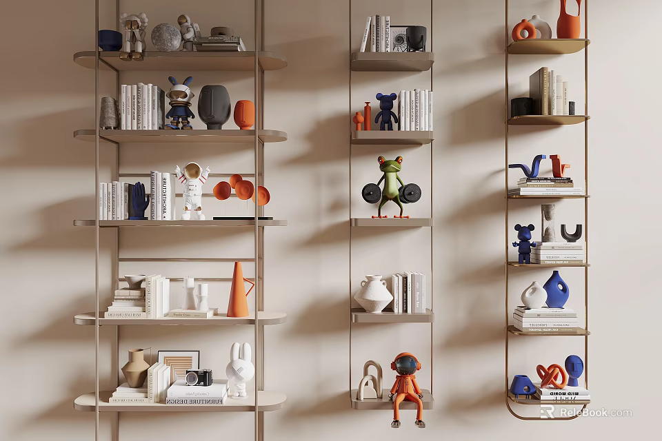 Modern Multi Tiered Storage Shelves Displaying Books Decorative Figurines Vases And Ornaments 3d model 