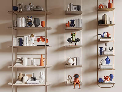 Modern Multi Tiered Storage Shelves Displaying Books Decorative Figurines Vases And Ornaments 3d model