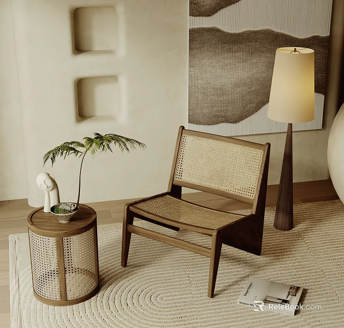 Natural Wooden Frame Leisure Chair With Woven Seat And Side Table Green Plant Floor Lamp 3d model 