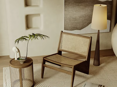 Natural Wooden Frame Leisure Chair With Woven Seat And Side Table Green Plant Floor Lamp 3d model
