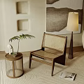 Natural Wooden Frame Leisure Chair With Woven Seat And Side Table Green Plant Floor Lamp