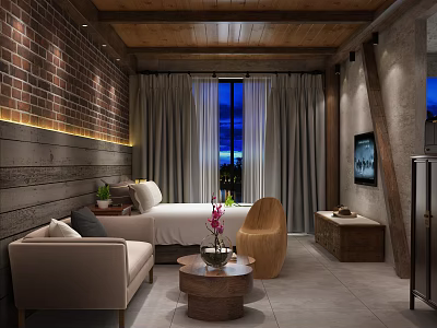 Modern Cozy Hotel Room Interior With Queen Bed Sofa Wooden Ceiling And Window View 3d model