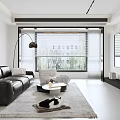Modern Living Dining Room Interior With Black Sofa White Rug Floor Lamp And Abstract Painting