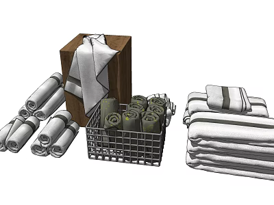 Soft White Towels Rolled and Folded in Wooden Box and Metal Basket 3d model