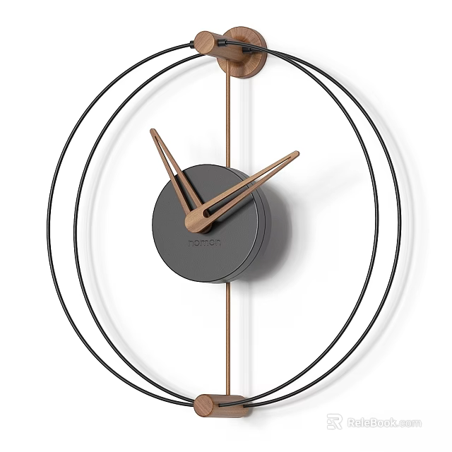 Modern Minimalist Wall Clock With Black Metal Rings And Brown Wooden Hands 3d model 