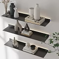 Modern Black Floating Shelves With LED Lighting Decorative Vases Books Green Plant On White Wall