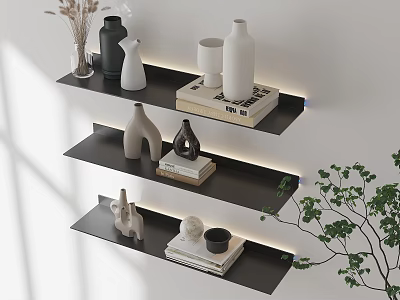 Modern Black Floating Shelves With LED Lighting Decorative Vases Books Green Plant On White Wall 3d model