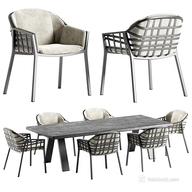 Modern Dining Table Set With Wooden Tabletop Metal Frame Chairs And Grid Pattern Backrests 3d model