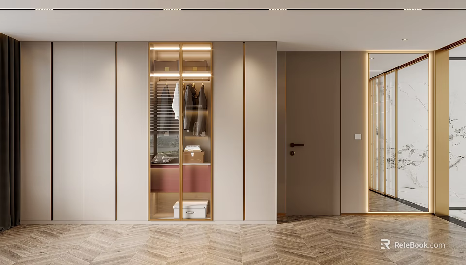 Modern Walk in Closet Interior With Glass Doors And Organized Storage 3d model 