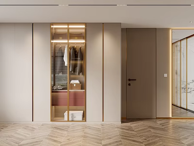 Modern Walk in Closet Interior With Glass Doors And Organized Storage 3d model