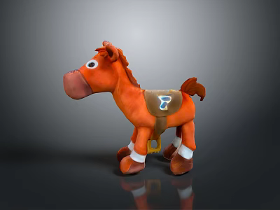 Cute Orange Plush Horse Toy With Brown Mane Tail Blue Saddle Logo And White Hooves 3d model