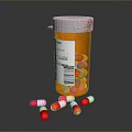 Orange Pill Bottle With White Label And Scattered Red White Capsules