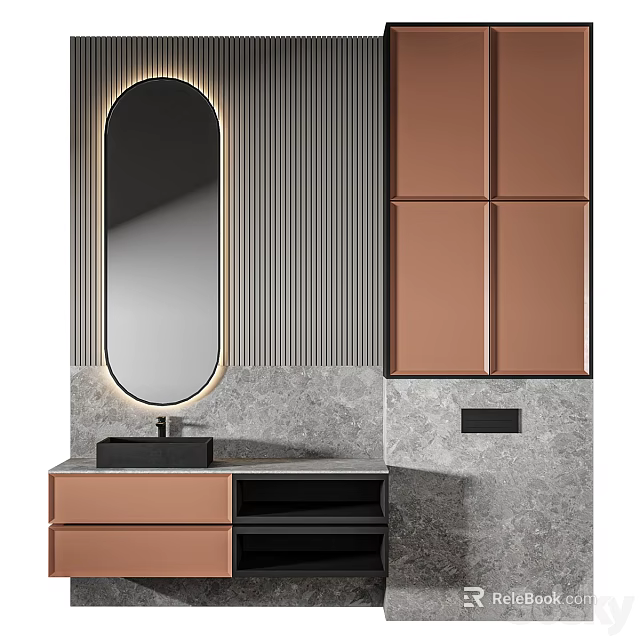Modern Bathroom Vanity With Oval Mirror Copper Cabinets And Gray Striped Wall 3d model 
