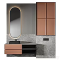Modern Bathroom Vanity With Oval Mirror Copper Cabinets And Gray Striped Wall