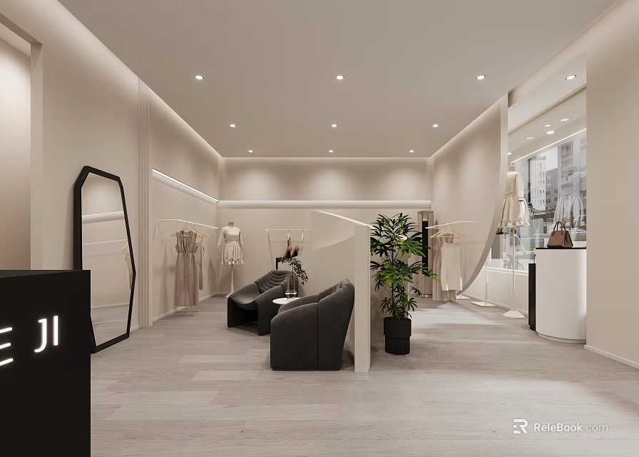 Modern Clothing Store Interior Design With Displayed Clothes Sofas Plants And Decorative Mirrors 3d model 