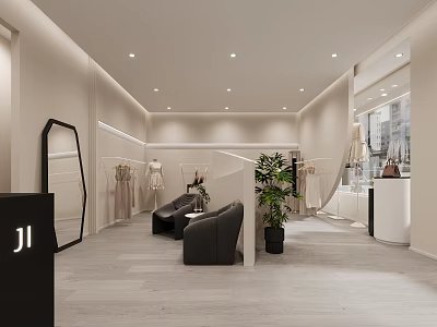 Modern Clothing Store Interior Design With Displayed Clothes Sofas Plants And Decorative Mirrors 3d model