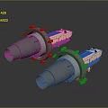 Two Industrial Metal Mechanical Components With Cylindrical Blue And Orange Sections