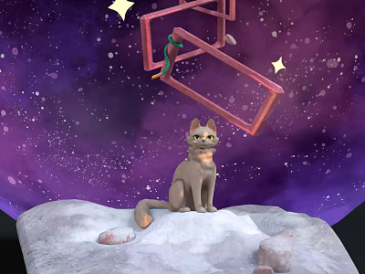 Cartoon Scene Featuring Cat On Snowy Mountain With Purple Starry Sky And Red Ladder 3d model