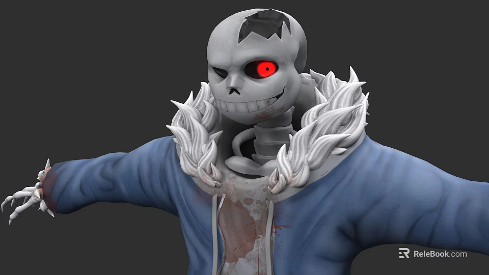 Game And Movie Character Skeleton in Blue Hoodie White Fur Trim Red Eyes Bloodstain 3d model 