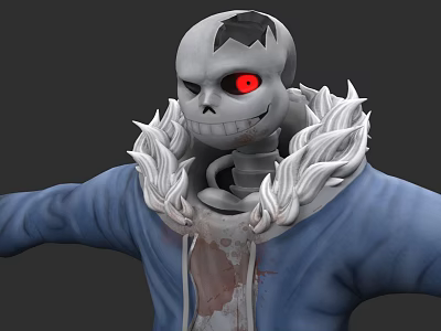 Game And Movie Character Skeleton in Blue Hoodie White Fur Trim Red Eyes Bloodstain 3d model