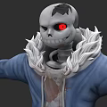 Game And Movie Character Skeleton in Blue Hoodie White Fur Trim Red Eyes Bloodstain