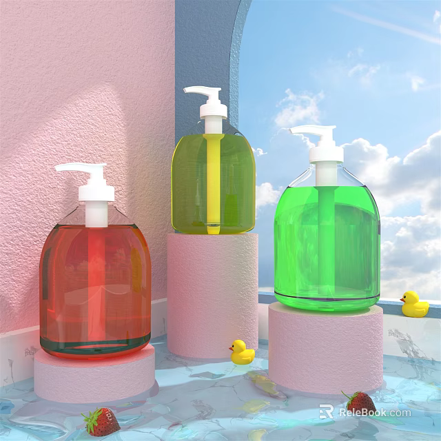 Colorful Bathroom Accessories With Hand Soap Dispensers On Pink Pedestals And Yellow Ducks 3d model 