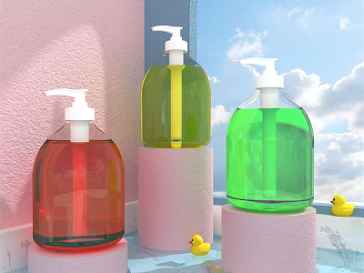 Colorful Bathroom Accessories With Hand Soap Dispensers On Pink Pedestals And Yellow Ducks 3d model