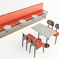 Modern Dining Table Set With Orange Bench Seating Square Gray Tabletop And Four Chairs 3d model