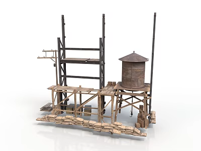 Wooden Scaffolding Water Tower And Platform Construction Model With Stone Blocks 3d model