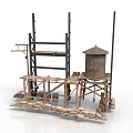 Wooden Scaffolding Water Tower And Platform Construction Model With Stone Blocks 3d model