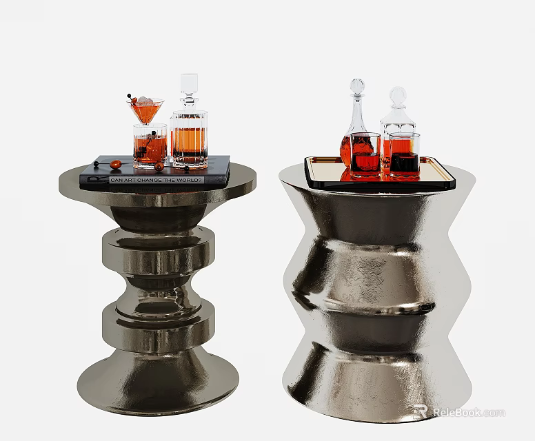 Modern Metallic Side Tables With Sculptural Layered Base And Decorative Wine Bottles Glasses 3d model 