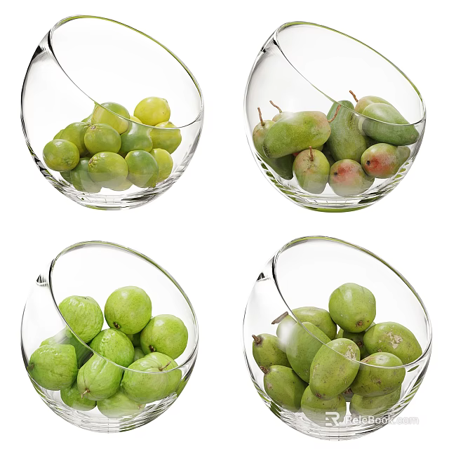 Four Ceramic Bowls Containing Fresh Green Grapes And Ripe Mangoes 3d model 