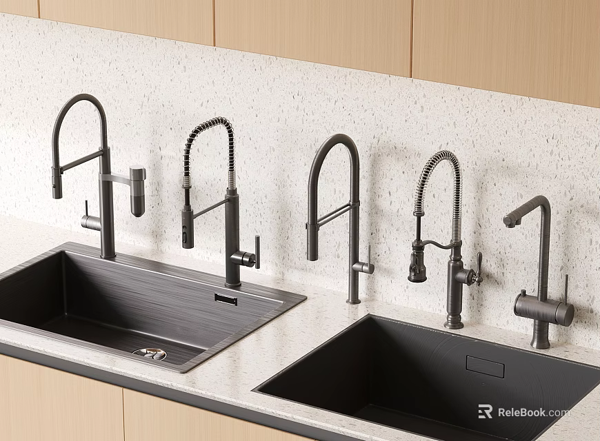 Modern Kitchen Sinks With Various Style Black Faucets Light Colored Countertop And Wooden Cabinets 3d model 